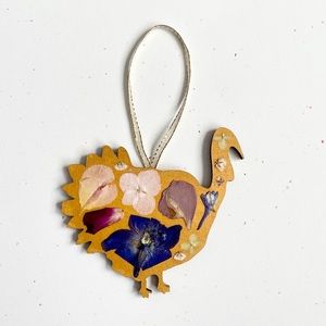 Pressed Flower Gold Turkey Christmas Ornament Wood